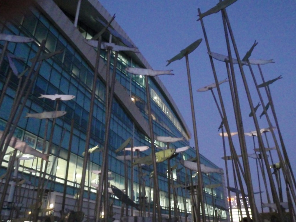 Sculptures lining the dock