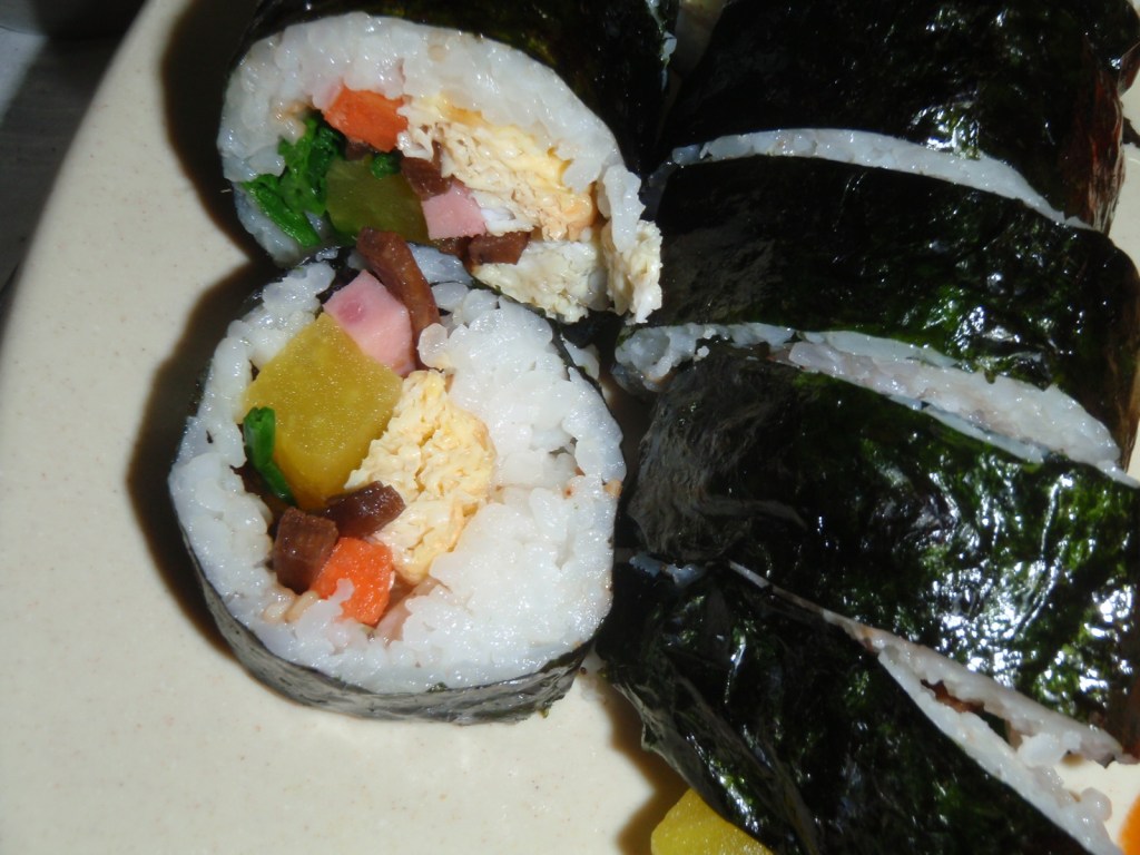 Gimbap close up - the pink stuff is Spam!