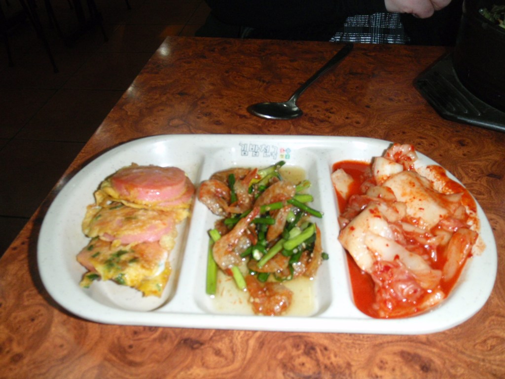 Battered spam, shrimp & greens, kimchi