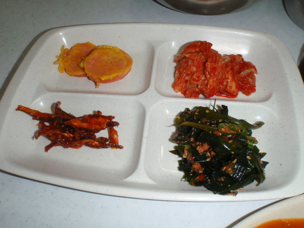 More spam, chewy red stuff, greens and kimchi